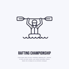 Rafting, kayaking flat line icon. Vector illustration of water sport - happy rafter with paddle in river boat. Linear sign, summer recreation pictograms for paddling gear store.