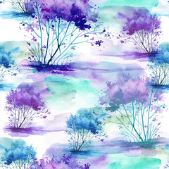 Obraz na płótnie Canvas Watercolor seamless pattern, background with vintage pattern. Blue, purple bush, tree, beautiful landscape. On a white background. Stylish fashion illustration