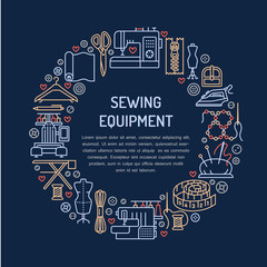 Sewing equipment, hand made supplies banner illustration. Vector line icon needlework accessories - sewing machine, fabric, pin, iron, hanger, DIY tools. Tailor store template with place for text.