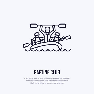 Rafting, Kayaking Flat Line Icon. Vector Illustration Of Water Sport - Happy Rafters With Paddles In River Raft. Linear Sign, Summer Recreation Pictograms For Paddling Gear Store.
