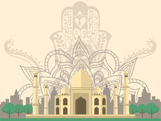 Indian Taj Mahal with isolated elements in front view 