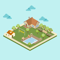 Isometric village with swimming pool on blue background