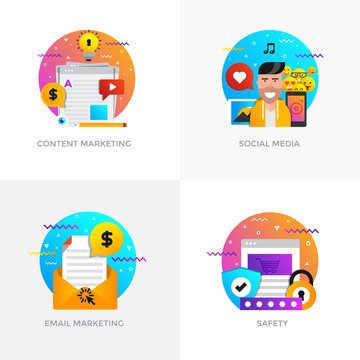 Flat Designed Concepts - Content marketing, Social media, Email marketing and Safety