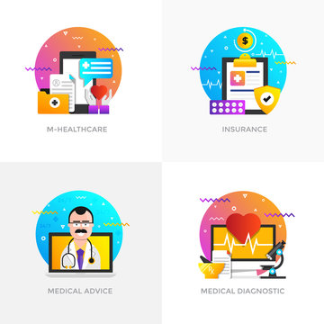 Flat Designed Concepts - M-Healthcare, Insurance, Medical Advice and Medical diagnostic