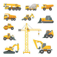 Heavy construction machines. Excavator, bulldozer and other technique. Vector illustrations in cartoon style