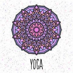 Yoga card template. Hand drawn oriental ornamental ethnic lace round mandala