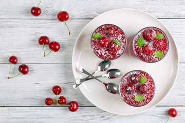 cherry jelly in three glass cups