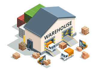 Warehouse building, trucks and load machines. Different pallets and boxes. Logistics vector illustrations