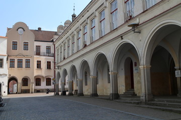 Arcade on Square of peace in Slavonice, Czech republic