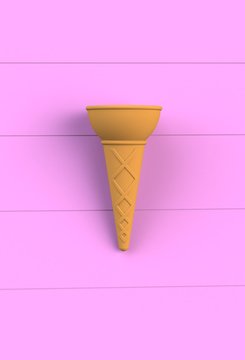 Sweet wafer cone on pink wooden board, 3D rendering