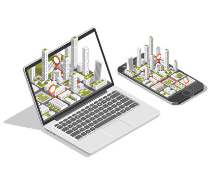 City isometric plan with road and buildings on smart phone and laptop. Map on mobile application. 3d vector illustration. 