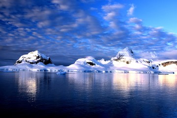 Views of the Gerlache Strait in Antarctica at dusk (Antarctic sunset)