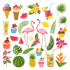 Summer time labels set for tropical party. Different icons in flat style. Drinks, watermelon, lemonade and flamingo © ONYXprj