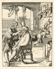 16th century haircut at a barber shop. Date: 16th century