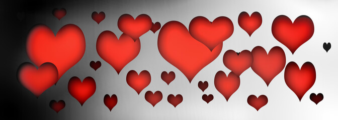 bannière de cœurs rouge sur fond dégradé noir et blanc