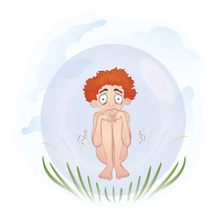 A naked man in a transparent ball. Vector illustration, isolated on white background.