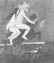 Two witches riding a flying goat to the sabbat.. Date: 1895