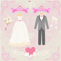 The Bride and Groom just married elements in cute style vector