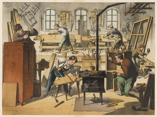 Workshop of a carpenter and joiner. Date: 1875