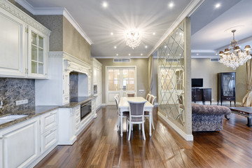 Russia, Moscow region - Interior design kitchen - living room in luxury new apartment