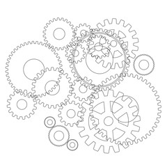 Gears in engagement. Engineering drawing abstract industrial background with a cogwheels.