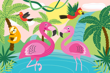 Naklejka premium animals in tropical nature - vector illustration, eps
