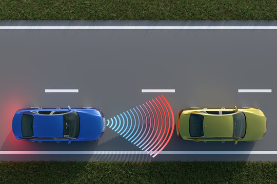 Sicherheit mit autonomen Fahrzeugen? 3D Szenerie einer Strasse mich zwei Autos der elektronische Abstandswarner wird durch Boegen dargestellt.