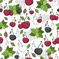 Seamless vector background with cherries and mint. Seamless pattern