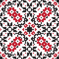 Ethnic geometric pattern. Black, red and white seamless background. Pixel boho ornament.