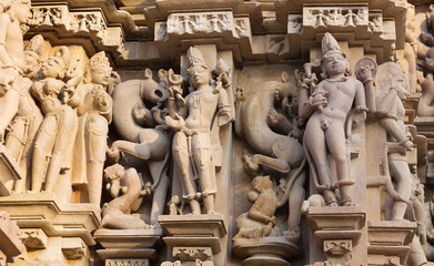 Ancient reliefs at ancient famous erotic temple in Khajuraho, India