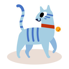 Cute striped blue cartoon cat isolated on white background. In a red collar with a bell. Simple modern flat style vector illustration.
