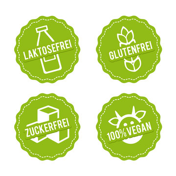 Vektor Symbole Vegan, Glutenfrei, Laktosefrei und Zuckerfrei.