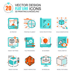 Flat line 3D printing and modeling icons