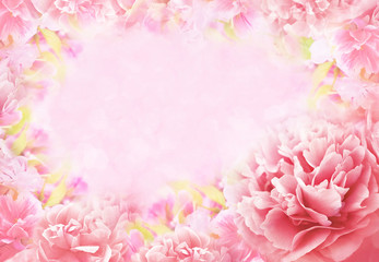 Spring blossom peony frame, toned, bokeh flower background, pastel and soft floral card