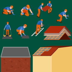 roof construction worker repair home, build structure fixing rooftop tile house with labor equipment, roofer men with work tools in hands outdoors renovation residential vector illustration