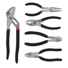 Various pliers, nippers set isolated on white. Tools related to construction, carpentry, repairing works.