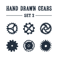 Hand drawn textured gears icons set 2. Vector illustrations.