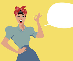 Woman and empty speech balloon. Pin up retro style