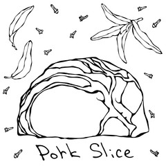 Row Pork Steak Slices and Herbs. Realistic Vector Illustration Isolated Hand Drawn Doodle or Cartoon Style Sketch. Fresh Meat Cuts.
