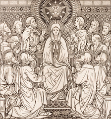 Fototapeta na wymiar BRATISLAVA, SLOVAKIA, NOVEMBER - 21, 2016: The lithography of The Pentecost in Missale Romanum by unknown artist with the initials F.M.S (1889) and printed by Typis Friderici Pustet.