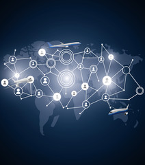 Social network concept. Mixed media plane flight on the map. Rest, fly by plane across countries.