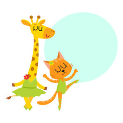 Cute little giraffe and cat, kitten characters dancing ballet together, cartoon vector illustration with space for text. Little cat, kitten and giraffe ballet dancers, ballerinas