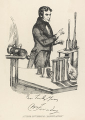 English Scientist Michael Faraday in his Laboratory. Date: circa 1830s