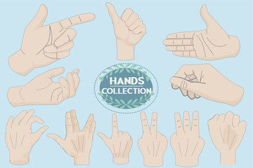 Set of hands icons and different hands, gestures, signals and signs