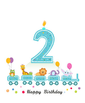 Happy second birthday greeting card. Birthday train with animals