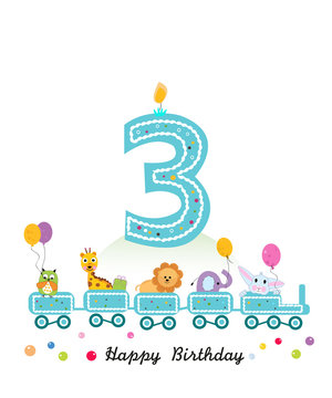 Happy third birthday greeting card. Birthday train with animals