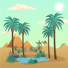 Fototapeta na wymiar Egypt desert Landscape vector concept with palms and camels