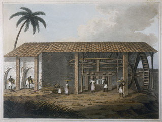 Slaves working in a Sugar Mill in the West Indies. Date: 1816