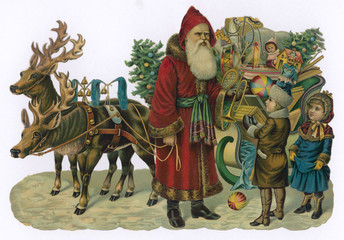 Father Christmas delivering Xmas presents. Date: circa 1870