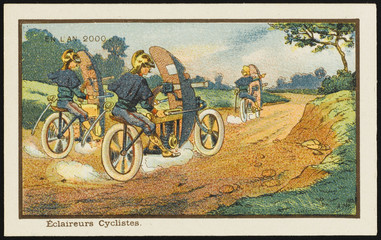 Futuristic motorcycle scouts on reconnaissance. Date: 1899